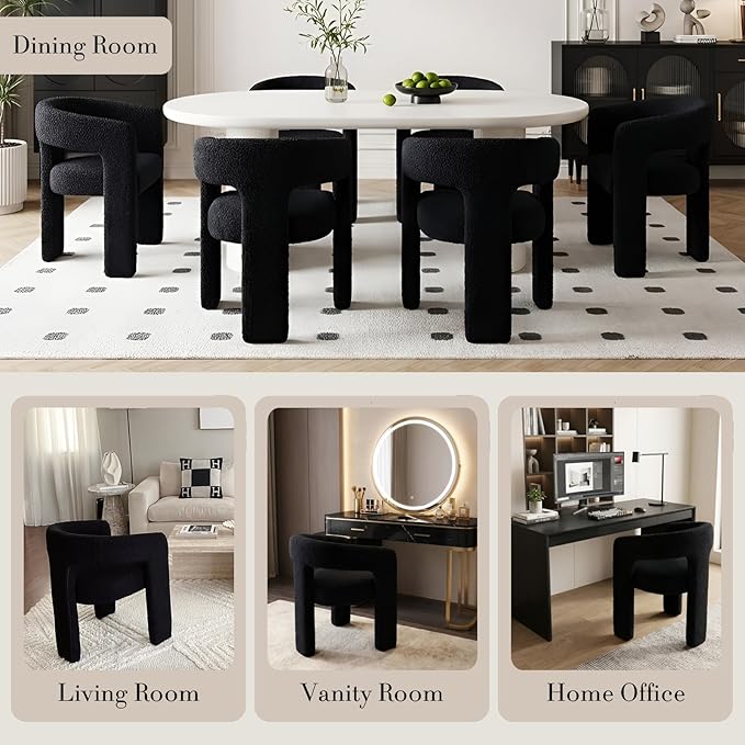 Modern Sherpa Barrel Dining Chair Upholstered Faux Fur Dining Room Chair with Arm Comfy Accent Side Chair for Kitchen/Living Room/Reception, Black