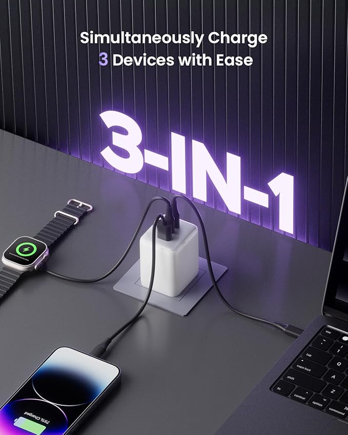 100W USB C Wall Charger 3-Port PPS PD 3.0 Compact Foldable Wall Charger Block Fast Power Adapter for MacBook Pro/Air Dell XPS iPad Pro iPhone 17/16/15 Galaxy S25/S24 (Black)