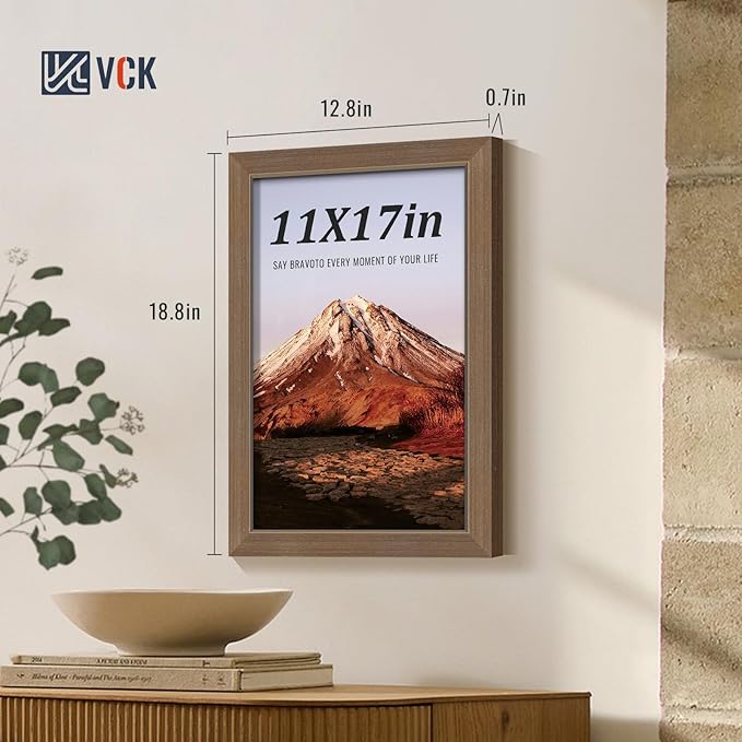 VCK 11x17 Brown Picture Frames 3 Pack, High-End Wood Wide Border Poster Frame, Multi-Directional Display Family Photos, Office Prints, Studio/Gallery/Home Artwork