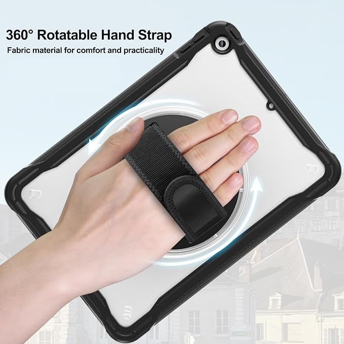 BLOSOMEET Clear Case for iPad 9th/8th/7th Generation 2021/2020/2019 10.2 Inch with Tempered Glass Screen Protector &amp Pencil HolderDrop-Proof iPad 10.2 Case w/Stand Hand Shoulder StrapBlack