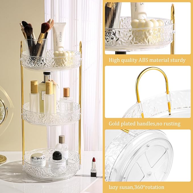 Fangoo 3 Tiers Clear Rotating Makeup Organizer for Vanity, 360 Spinning Skincare Organizers for Dresser Perfume Holder Large Skincare Make Up Storage Cosmetic Organizer for Bathroom Countertop