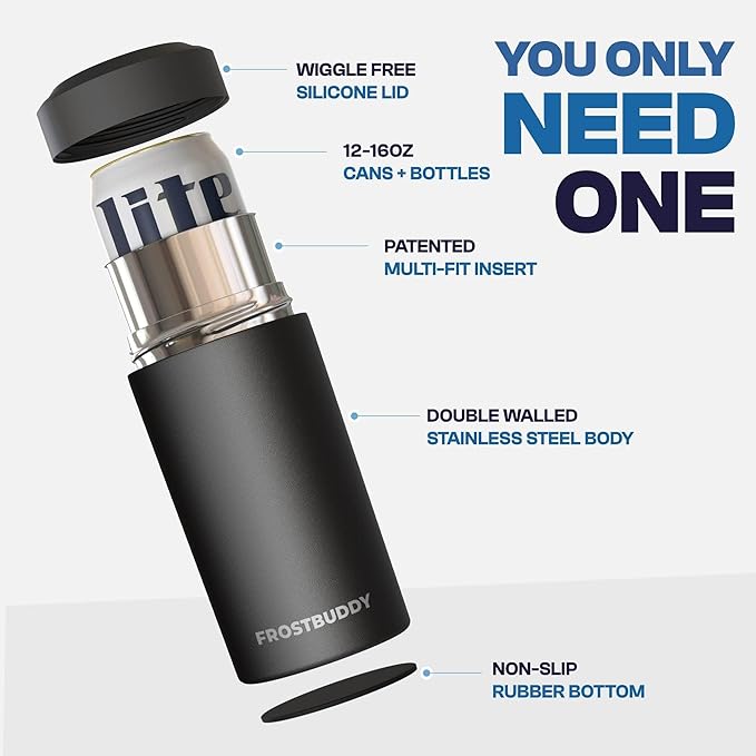 Frost Buddy Universal Can Cooler - Fits all - Stainless Steel Can Cooler for 12 oz & 16 oz Regular or Slim Cans & Bottles - Stainless Steel (Silver Sleigh)