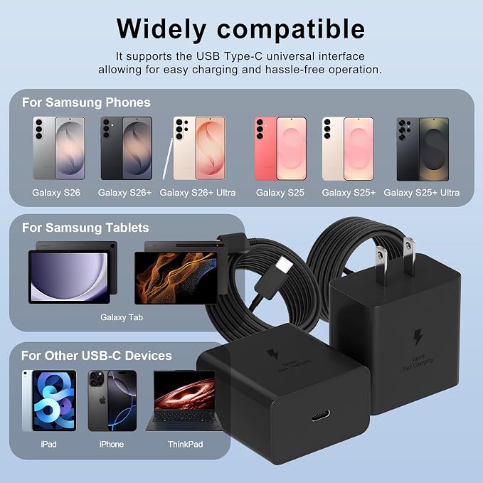 Samsung 60W USB C Fast Charging Block Type C Wall Plug Charging Brick &amp 10ft C Cable Super Fast Charging 3.0 for Samsung Galaxy S26 Ultra/S26/S26+/S25 /S24/S23 Ultra/Note 10+/Note 10-1PACK