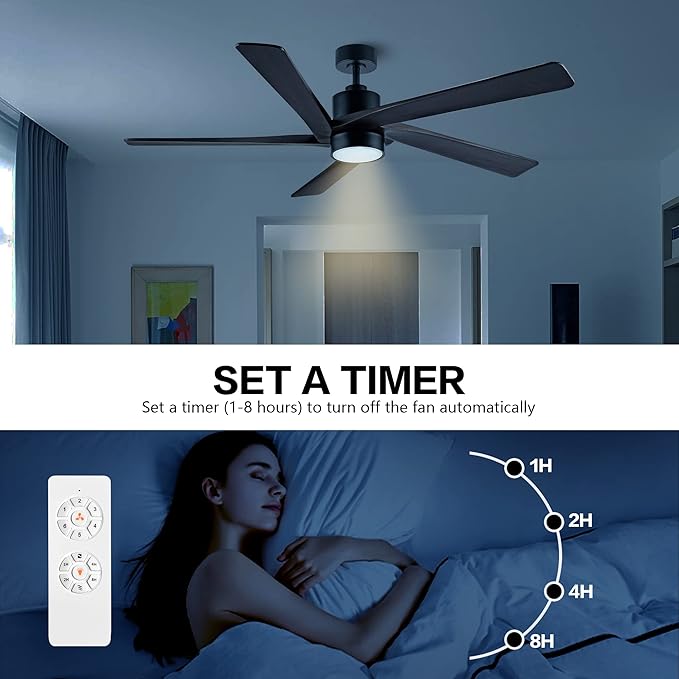 WINGBO 54 Inch DC Ceiling Fan with Lights and Remote Control, 5 Reversible Carved Wood Blades, 6-Speed Noiseless DC Motor, Modern Ceiling Fan in Matte Black Finish with Walnut Blades, ETL Listed