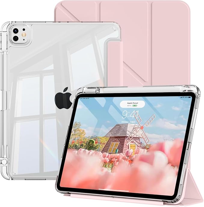 Clear Case for iPad Pro 12.9 inch 6th/5th/4th/3rd Gen with Y-fold &amp Trifold Stand Pencil Holder Support Pencil Charging [Auto Wake/Sleep] Lightweight Shockproof Hard PC Back Cover Black