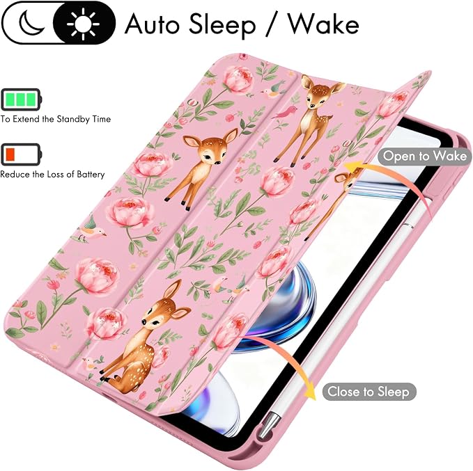 Cute Deer Fawn Rose Flowers Case for iPad 9th/8th/7th Generation | Cute Designs Cover for iPad 10.2 2021/2020/2019 Gen with Pencil Holder | Slim Clear Acrylic Back Auto Sleep/Wake Shell