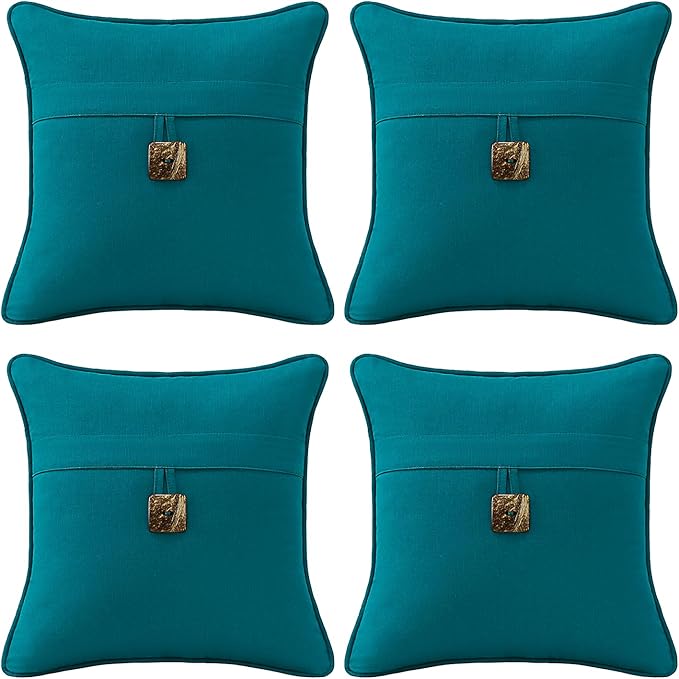 Outdoor Sunbrella Decorative Pillows with Coconut Button Pack of 4, 16" x 16" Outdoor Pillow Set for Couch Bed Throw Patio Sofa, Spectrum Peacock