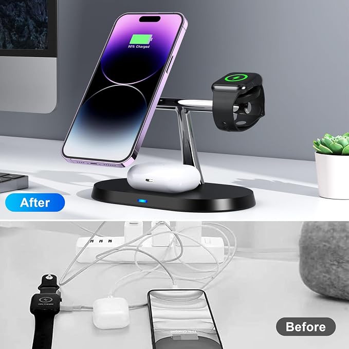 Cuifati 3 in 1 Wireless Charger Stand Fast Magnetic Charging Station for Multiple Devices with 15W Output for Phones