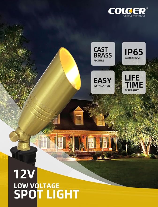 COLOER Die-cast Brass Landscape Spotlight 6-Pack Without Bulb,12V AC/DC Low Voltage Copper Outdoor Lighting with Ground Stake, Directional Garden Patio Spot Up Light (102B Copper Finish)
