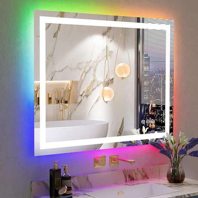 YEELAIT 48x38 Inch RGB LED Bathroom Mirror Front Light and RGB Backlit Lighted Vanity Mirror for Bathroom Wall Mounted Dimmable Anti Fog Memory Shatter-Proof IP54 Waterproof Horizontal/Vertical
