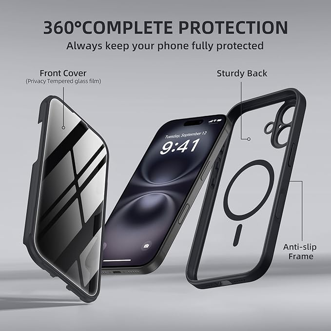 BERFY Magnetic for iPhone 16 Case, Compatible with MagSafe, Built-in Privacy Screen Protector and Upgraded Camera Protection, Anti-Spy Full Body Shockproof Phone Case for 16 6.1", Black