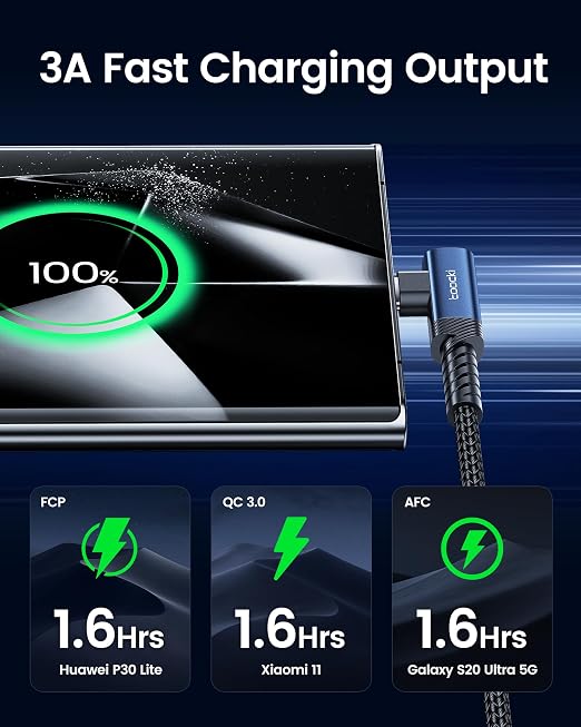 toocki USB C Cable Right Angle 2-Pack 10ft USB A to USB C Charger Cable | Black 90 Degree Braided Fast Charging Carpaly Cord for iPhone17 Series Samsung Galaxy S25/ S24+/Note 10 LG V30 Switch