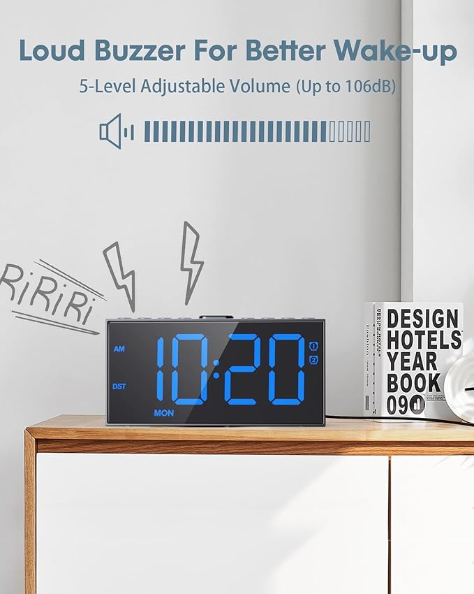 Digital Alarm Clock for Bedroom Heavy Sleepers,7.5''Large Display,2 Alarms,Weekday/Weekend,Electric Bedside Desk Clock,Adjustable Volume,Dual Charging Ports,Snooze,Dimmer,Memory Function,12/24H &DST