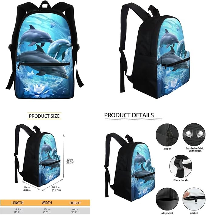 4 IN 1 Adorable Dolphin Backpack for Girls School Bag with Insulated Lunch Box Pencil Case Boys Water Bottle Sleeve Kids School Backpacks Elementary Kindergarten Preschool Bookbag
