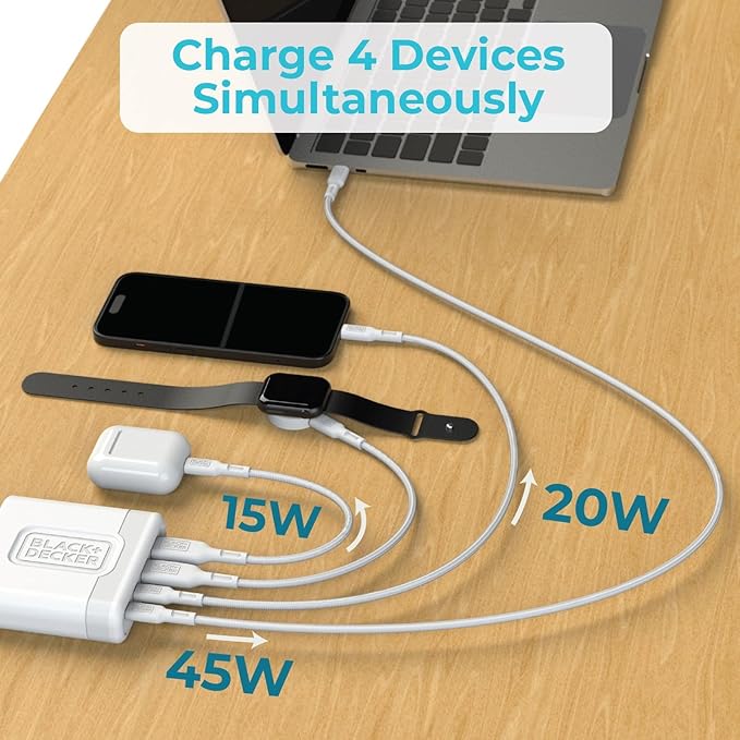 BLACK+DECKER USB C Fast Charger 65W 4 Port Type USB C Charging Station Hub Block Type C Wall Charger Power Strip Adapter Plug 2 C-Port 2 USB for iPad iPhone 17 16 15 14 Pro Max Pixel Note Galaxy