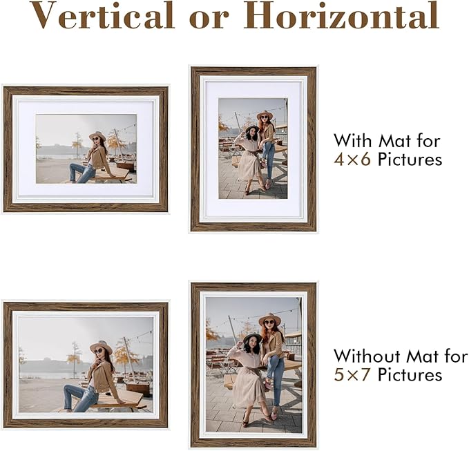 5x7 Picture Frame Set of 6, vintage picture frames Rustic Farmhouse Photo Frame, Display 4x6 with Mat or 5x7 Without Mat for Decorative on Wall Hanging Tabletop Placement