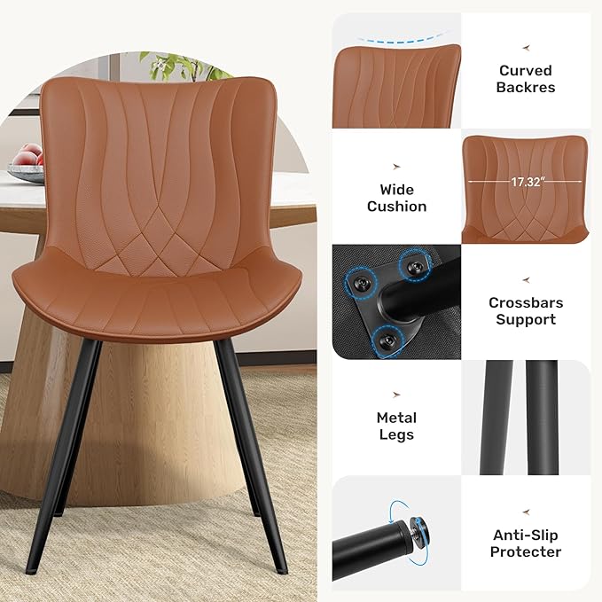 Dining Chair Set of 6,Comfortable PU Leather Dining Room Chairs Upholstered Comfy Dining Chairs Modern Kitchen Armless Side Chair with Sturdy Metal Legs,Umber