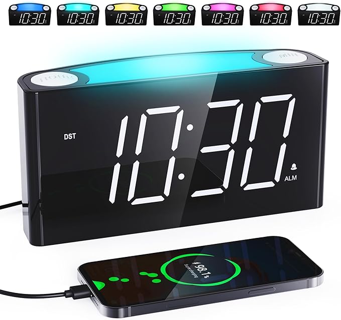 Mesqool Digital Alarm Clock for Bedroom, 7.5" Big Display, 7-Color Night Light,USB & Type C Charger, Dimmer,12/24 H,Plug-in Easy to Set Alarm Clock for Teens, Kids, Heavy Sleepers