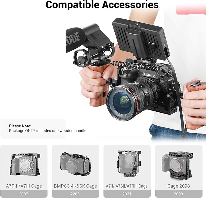 SmallRig Universal Side Wooden NATO Handle Grip DSLR Camera Cage w/Cold Shoe Mount Built-in Wrench, Threaded Holes – 2187