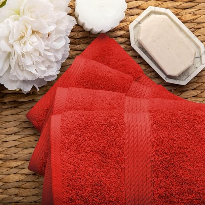 Superior Egyptian Cotton Pile Hand Towel Set of 4, Ultra Soft Luxury Towels, Thick Plush Essentials, Absorbent Heavyweight, Guest Bath, Hotel, Spa, Home Bathroom, Shower Basics, Red