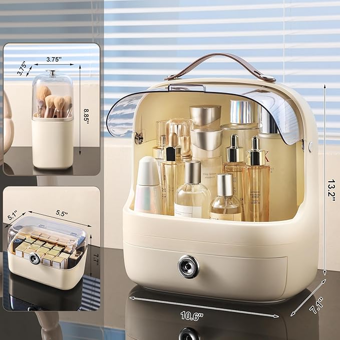 Makeup Storage Organizer Skincare Organizers, Cosmetics Display Case with Makeup Brush Holder and Lipstick Organizer, Dustproof Countertop Makeup Organizer with Transparent Cover and Handle
