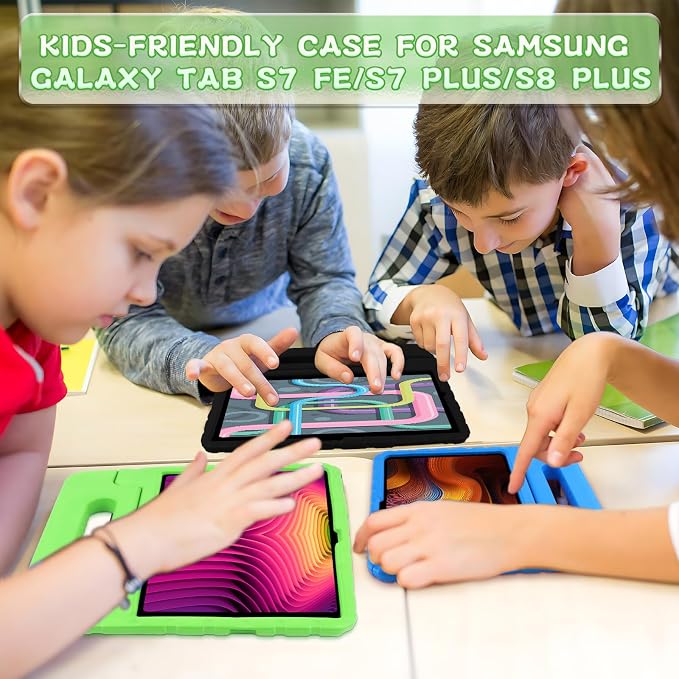 Heavy Duty Kids Case for Samsung Galaxy Tab S7 FE/S7 Plus/S8 Plus 12.4 inch | Rugged Protection Cover for Galaxy Tab S8+/Tab S7 FE/S7+ 2022/2021/2020 with S-Pen Holder Handle StandEVA Foam Rose Red