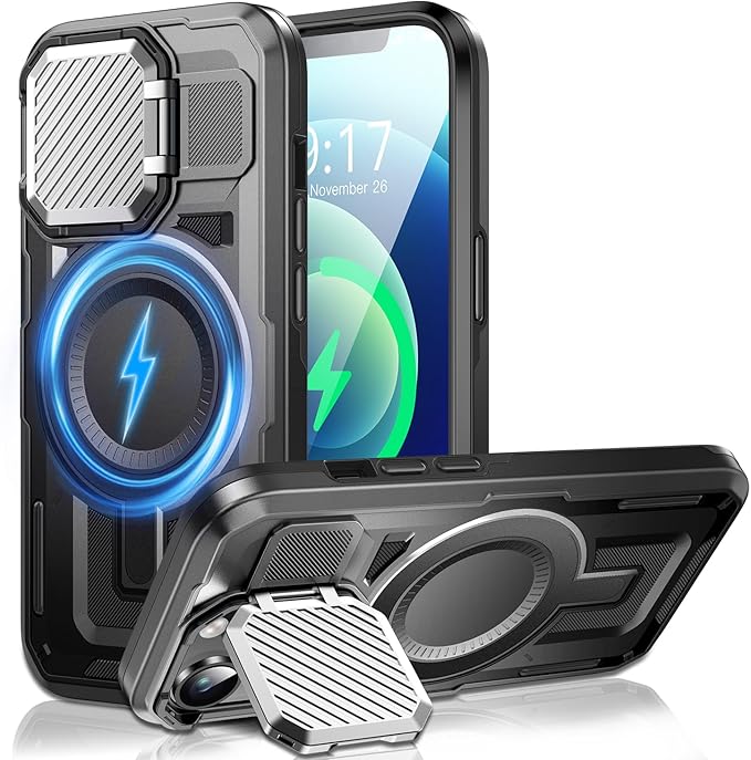 Camera Stand Case for iPhone 12/12 Pro, [Compatible with MagSafe] [Lens Cover] 2024 Version Military Grade Protective Soft Case for iPhone 12/12 Pro 6.1 inch Men Women, Black