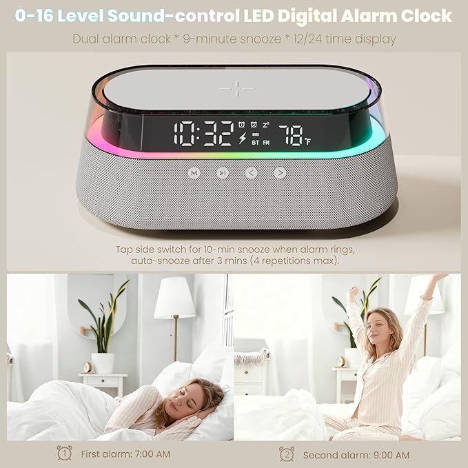 KUANGXIANG 6-in-1 Bluetooth Speaker Alarm Clock with Remote, 15W Fast Wireless Charger, FM Radio & Dimmable LED Night Light, Dual Digital Clock for Bedroom Home Office, Ideal for Him, Men Women