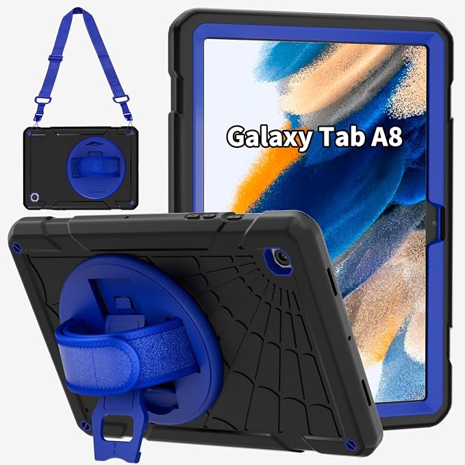 Case for Samsung Galaxy Tab A8 10.5'' Sturdy Heavy Duty Full-Body Shockproof Protective Case 360° Rotating Stand Hand/Shoulder Strap (Black+Blue)