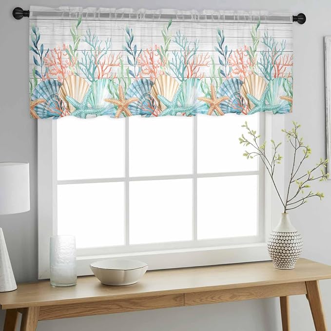 Summer Beach Sheer Valance Curtains, Ocean Colorful Coral Shell Seaweed
