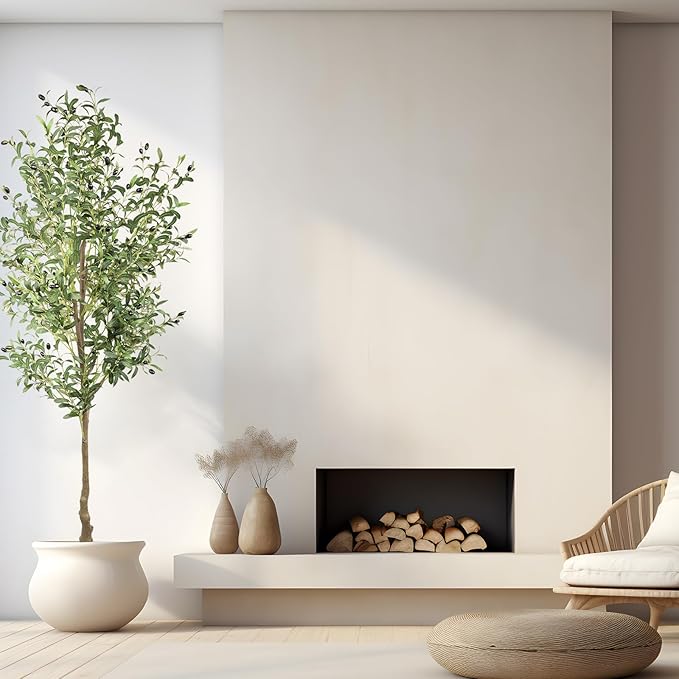 ANTING Artificial Olive Tree, 7FT Faux Olive Tree with Pot, 84in Faux Plants Indoor with Realistic Trunk, 1656 Leaves and 92 Fruits for Home Office Decor Outdoor 1Pack