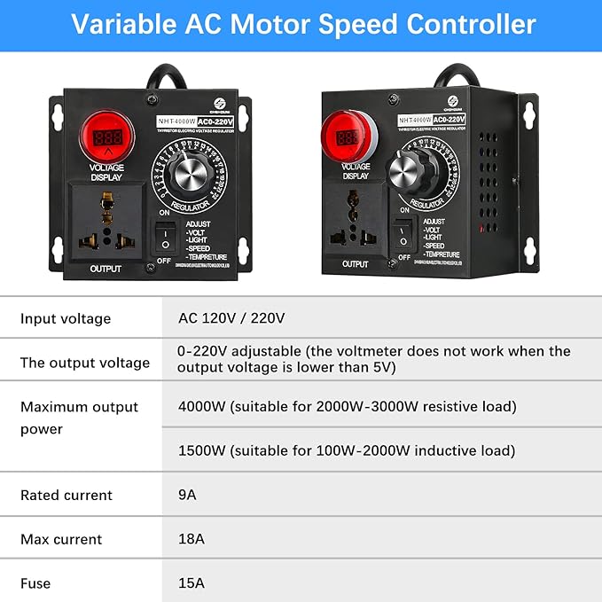 AC Variable Speed Controller, 120V~220V 15A 4000W SCR Voltage Controller for Router Fan Electric Motor Rheostat