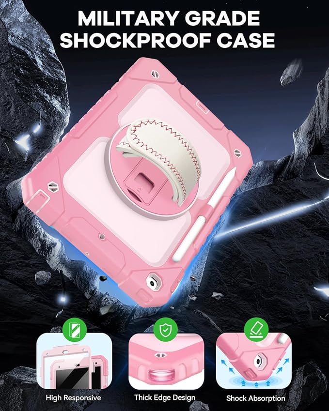 Cantis Case for iPad 9th/8th/7th Generation with Screen Protector, iPad 10.2 Case 2021/2020/2019 with 360 Degree Rotating Stand/Shoulder Strap/Pencil Holder, Pink