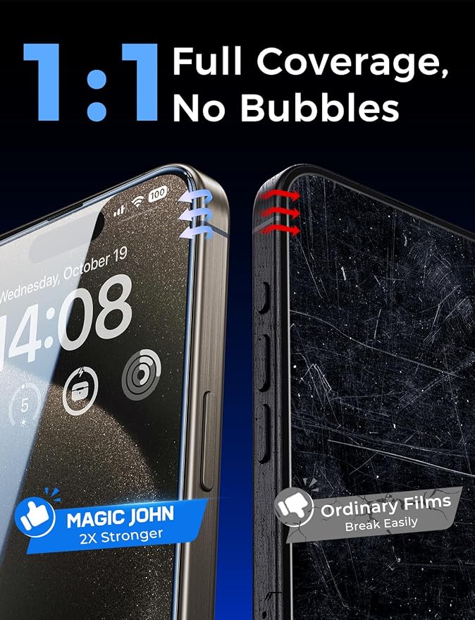 MAGIC JOHN 2 Pack for iPhone 15 Pro Max 6.7 inch Tempered Glass Screen Protector Auto Dust-Elimination Installation Bubble Free Dynamic Island Compatible HD Clear Easy Installation