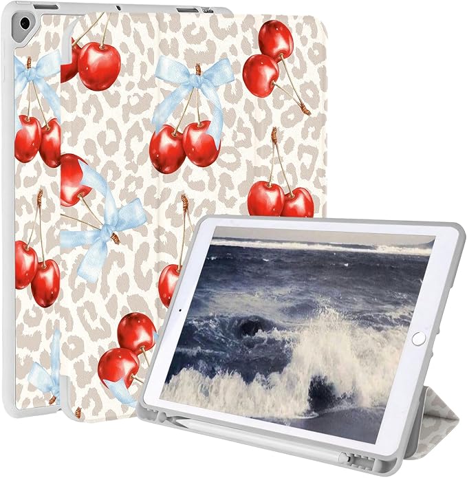 Case for iPad 9th/ 8th/ 7th Generation Case 10.2&amp10.5 Inch (2021/2020/2019 Release) Slim Lightweight Soft Trifold Back Cover with Pencil Holder &amp Auto Sleep/Wake Cover Cherries Cheetah Bows