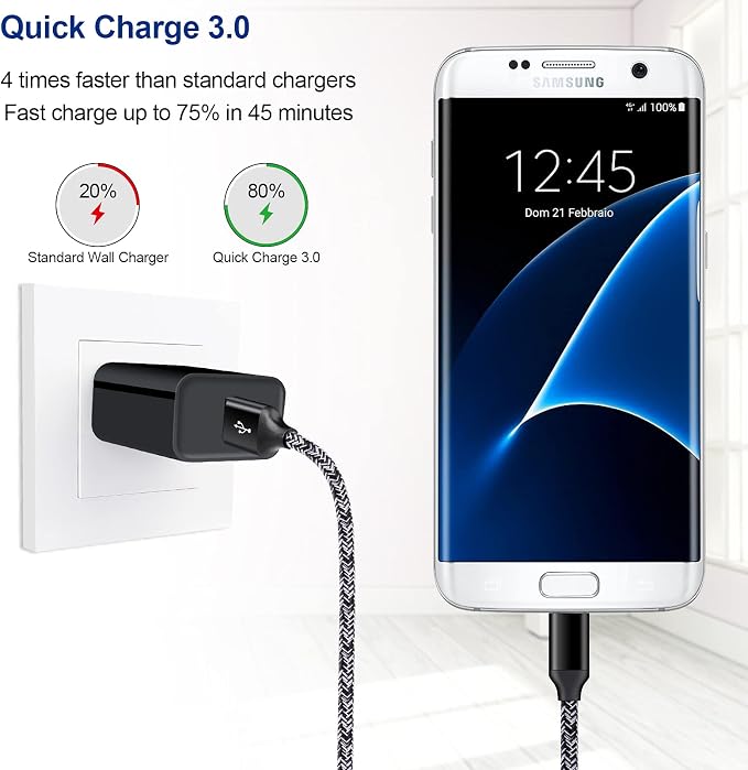 Android Phone Fast ChargerQuick3.0 USB Fast Wall Charger Plug Micro USB Cable 6FT Compatible for Samsung Galaxy J3 J5 J7 J8 S7 S6 A10 A02 A6 A01 LG Stylo 2 3 Plus Moto G/X/E E4 E5 E6s E7 G5 Plus
