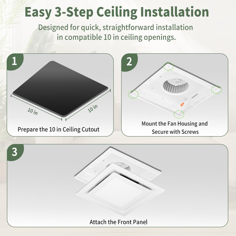 Orvexa Bathroom Exhaust Fan with Light, 140 CFM 1.0 Sone Quiet Bathroom Fan with Light, 12" x 12" Panel, 10" x 10" Ceiling Opening, 4" Duct, 6500K 1200LM LED, Independent Fan & Light Controls
