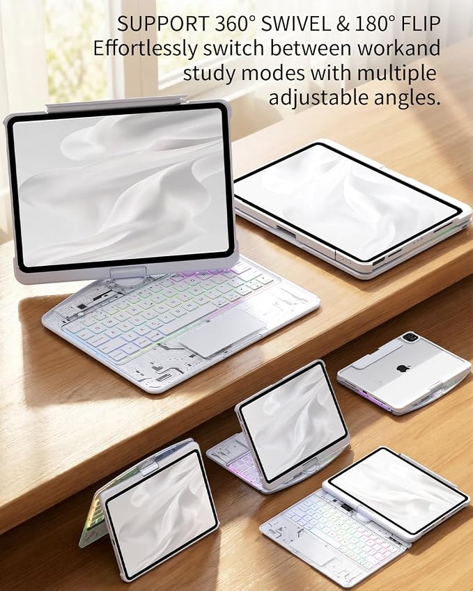 360°Rotation Bluetooth Keyboard Case for iPad 11th Gen（A16）10th 10.9 inch | iPad keyboard case 11/10th generationTouchpadKeyboard Battery Level Visualization360° rotateand 180° flip7-color backlit