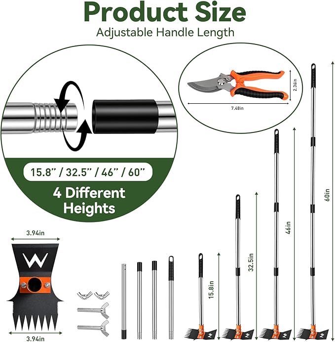 3-in-1 Weed Puller Tool Set with 60" Adjustable Long Handle, Manual Weeder Rake, Garden Hoe & Pruning Shears | Heavy Duty Stainless Steel for Vegetable Gardening, Lawn, Backyard & Farm