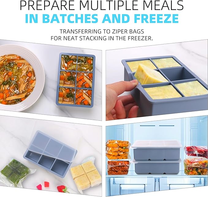 BECOKIT 1/2 Cup Silicone Freezer Tray With Lid,Silicone Freezer Molds 3-Pack For meal prep & freezing of various sauces and other dishes, makes 18 perfect 1/2 cup portions cubes (Multicolor 3 Pack)