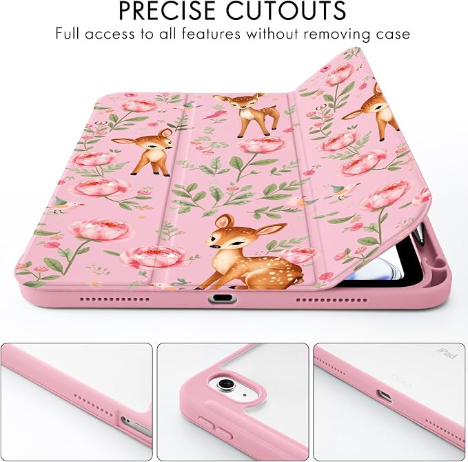 Cute Deer Fawn Rose Flowers Case for iPad 9th/8th/7th Generation | Cute Designs Cover for iPad 10.2 2021/2020/2019 Gen with Pencil Holder | Slim Clear Acrylic Back Auto Sleep/Wake Shell