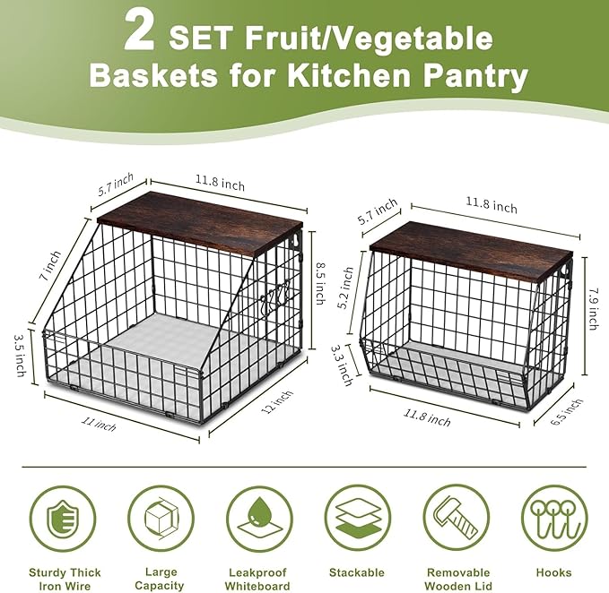 Fruit and Vegetable storage, 2 Set Wall Mounted Wire Baskets, Fruit Basket for Kitchen Counter, Hanging Fruit Basket, Potato Onion Basket, Wire Basket for Organizing, Countertop Organization Pantry