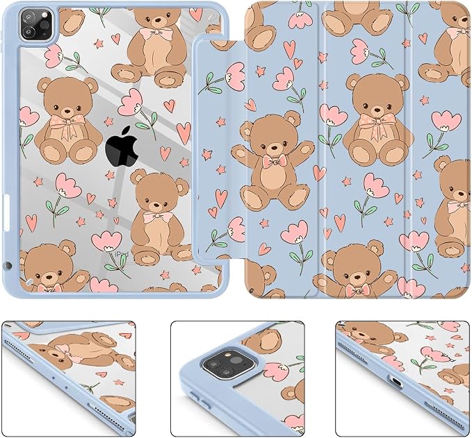 May Chen Case for iPad 12.9 Inch (6th/5th/4th/3rd Generation 2022/2021/2020/2018) Pencel Holder + Trifold Support Auto Sleep/Wake Transparent Shockproof Back Cover Blue Bows