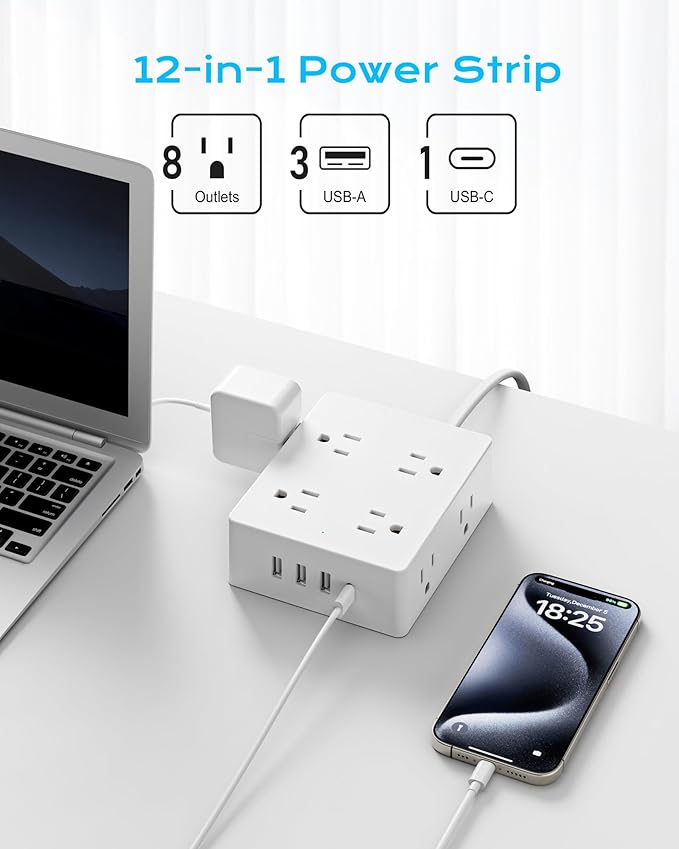 UK Travel Plug Adapter, Olcorife US to UK Ireland Type G Plug Adapter, International Power Strip with 8 Outlets and 4 USB(1 USB-C), 5 FT Cord for UK Ireland Dubai Hongkong