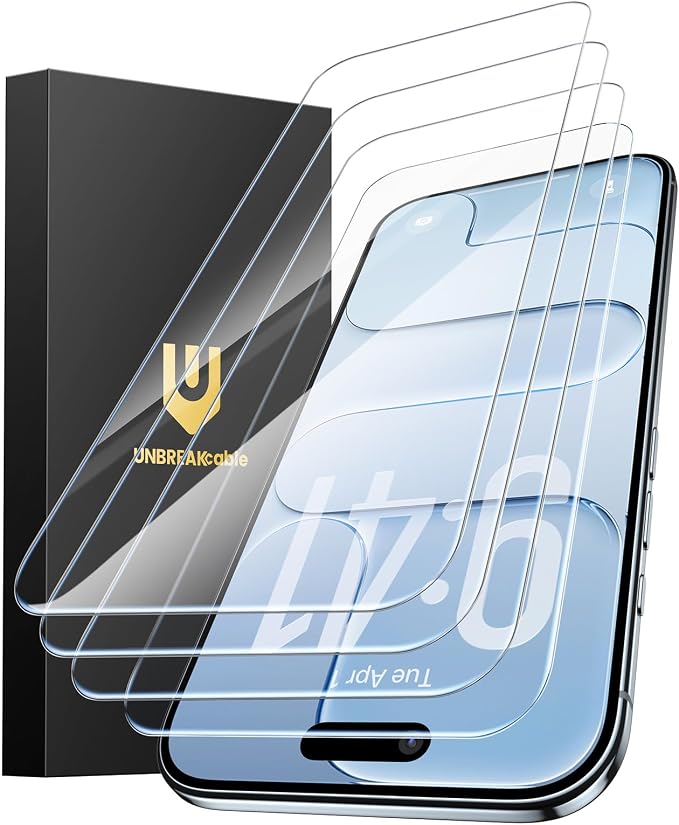 UNBREAKcable 4-Pack iPhone 15 Screen Protector 9H Hardness | 9H tempered glass | 99.99% HD clarity | Double Shatterproof|alignment frame easy install | case-friendly