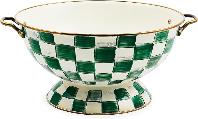 MACKENZIE-CHILDS Enamel Bowl, Serving Bowl for Entertaining, Everything Bowl, Green-and-White Emerald Check