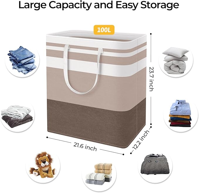 HomeHacks 2-Pack Large Laundry Basket, Waterproof, Freestanding Laundry Hamper, Collapsible Tall Clothes Hamper with Extended Handles for Clothes Toys in the Dorm and Family (Brown, 100L)