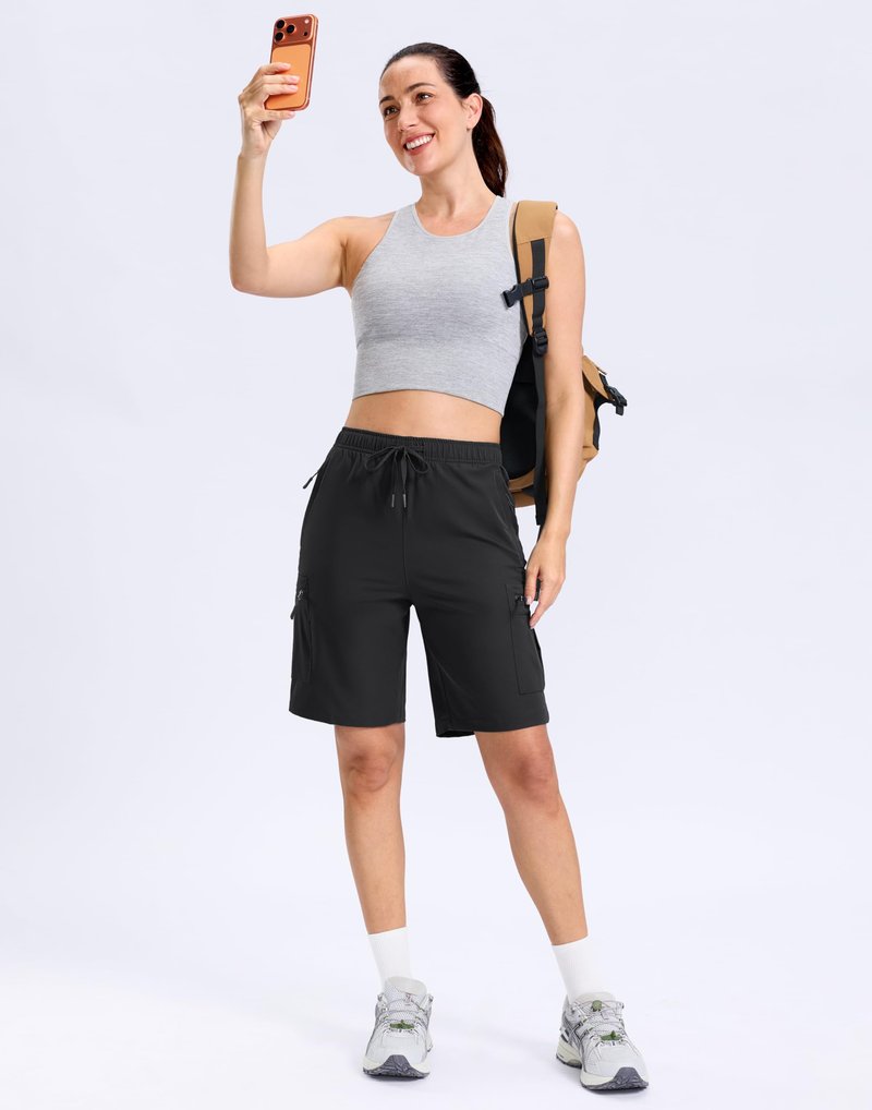 SANTINY Women's 7"/9" Lightweight Hiking Cargo Shorts with 5 Zipper Pockets Quick Dry Summer Long Travel Golf Short for Women (Black_XL)
