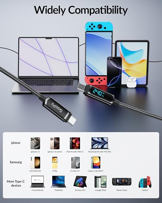 SOOPII USB C to USB C Cable [10FT2-Pack] 100W PD Fast Charging USB C Cable Nylon Braided Type-C Cable with LED Display for lPhone 15/15 Plus MacBook Pro Samsung Galaxy S22/S10 Pixel LG