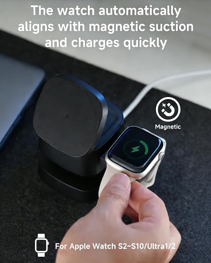 4-in-1 Wireless Charging Station 15W Fast Charging with Adjustable Night Light Multi Device Charging Station Compatible with iPhone 15/14/13/12 Series Apple Watch AirPods – Black